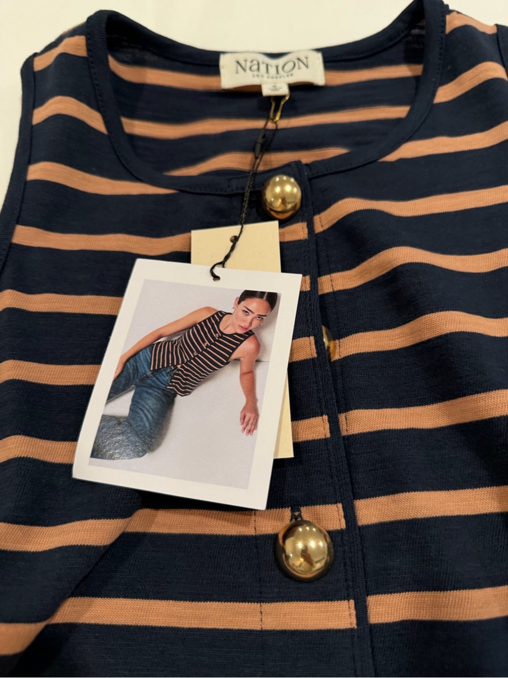 Nation LTD Navy and Tan Striped Button Front Top